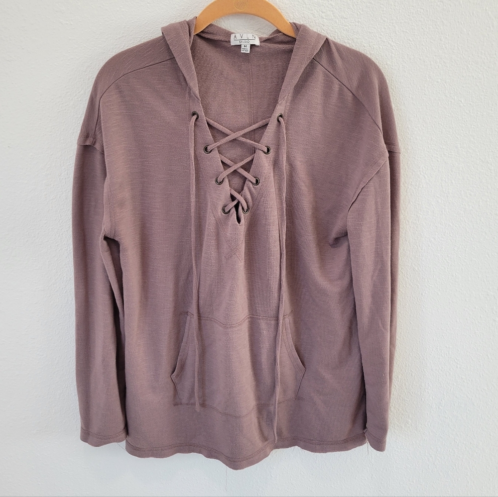 AVLN Studio Mauve Lace‎ Up Lightweight Hoodie Raw Edge Pullover Women’s M